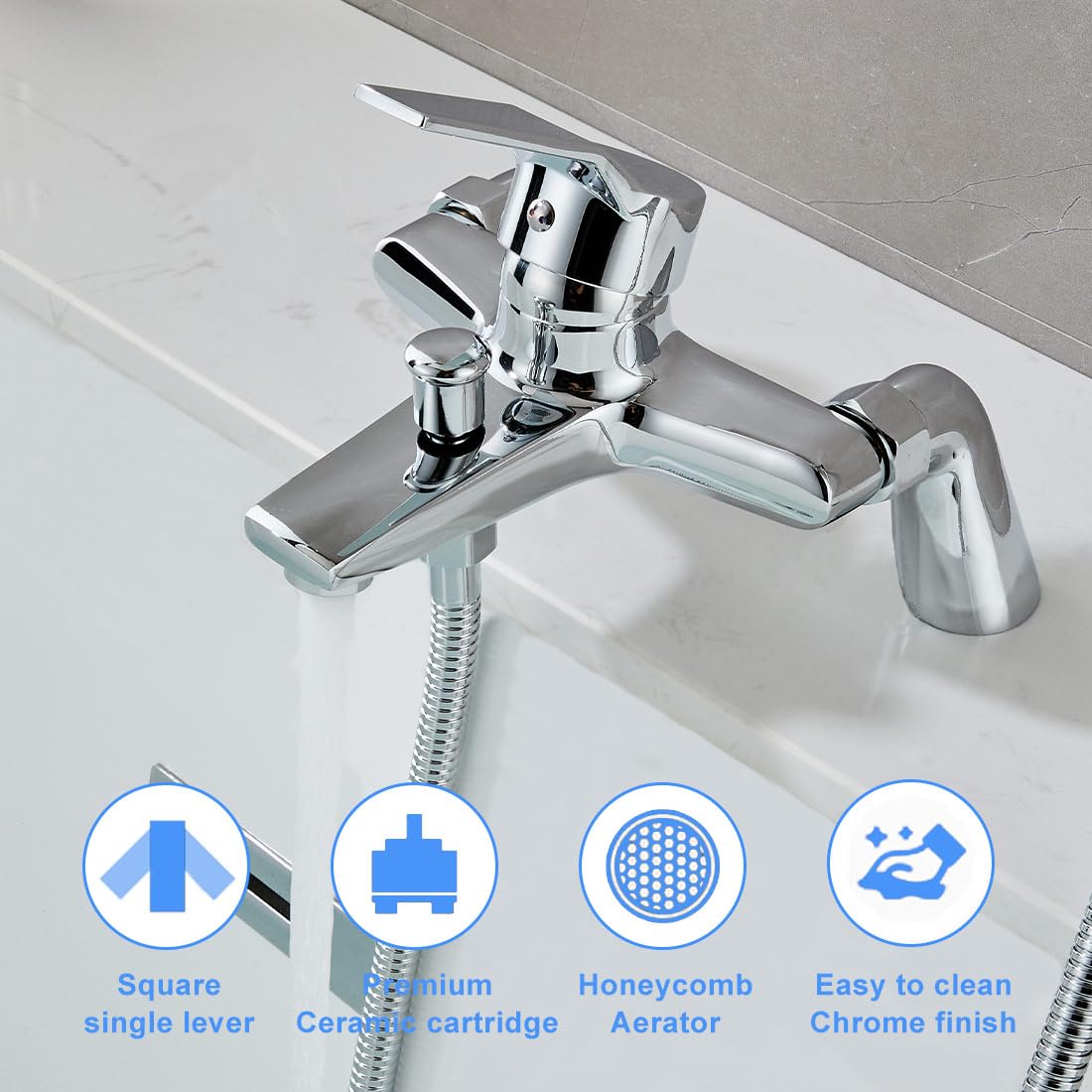 Eovem Bath Mixer Tap, Single Lever Chrome Bath Tap with Shower Attachment - Image 3
