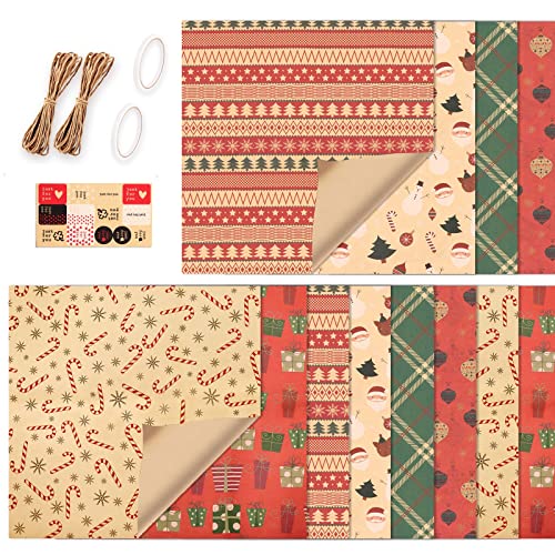 Vordpe 12 x Weihnachts-Kraft-Geschenkpapier 70 x 50 cm mit 6 einzigartigen weihnachtlichen Motiven, Recycling-Geschenkpapier-Set für Weihnachtsgeschenkverpackung Cover