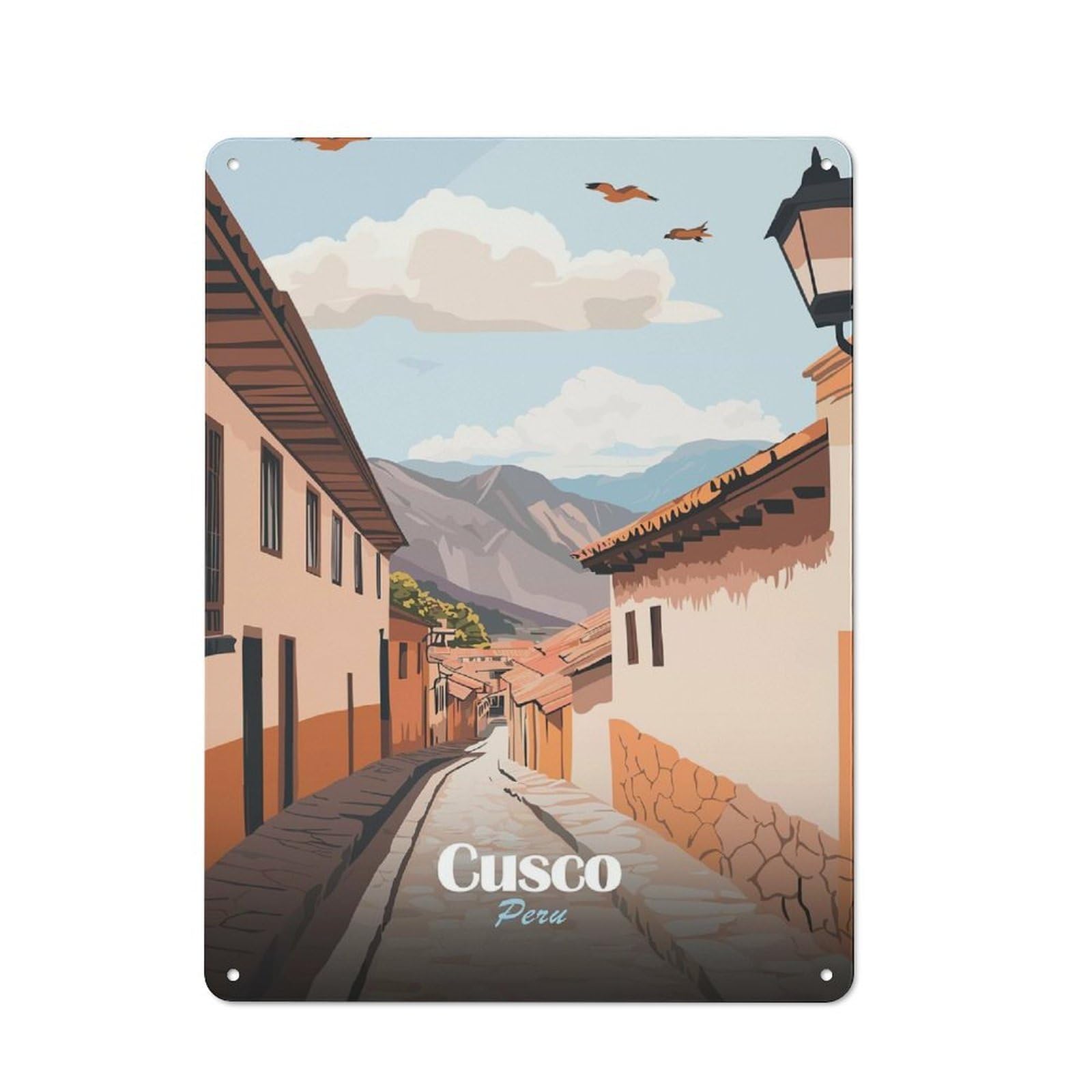 Junmoney Style-10 Old Style Cusco, Peru Street View Illustration Decorative Tin Plaque 40X30cm, Bar Wall Plaque For Bar, Kitchen, Garage Or Games Room