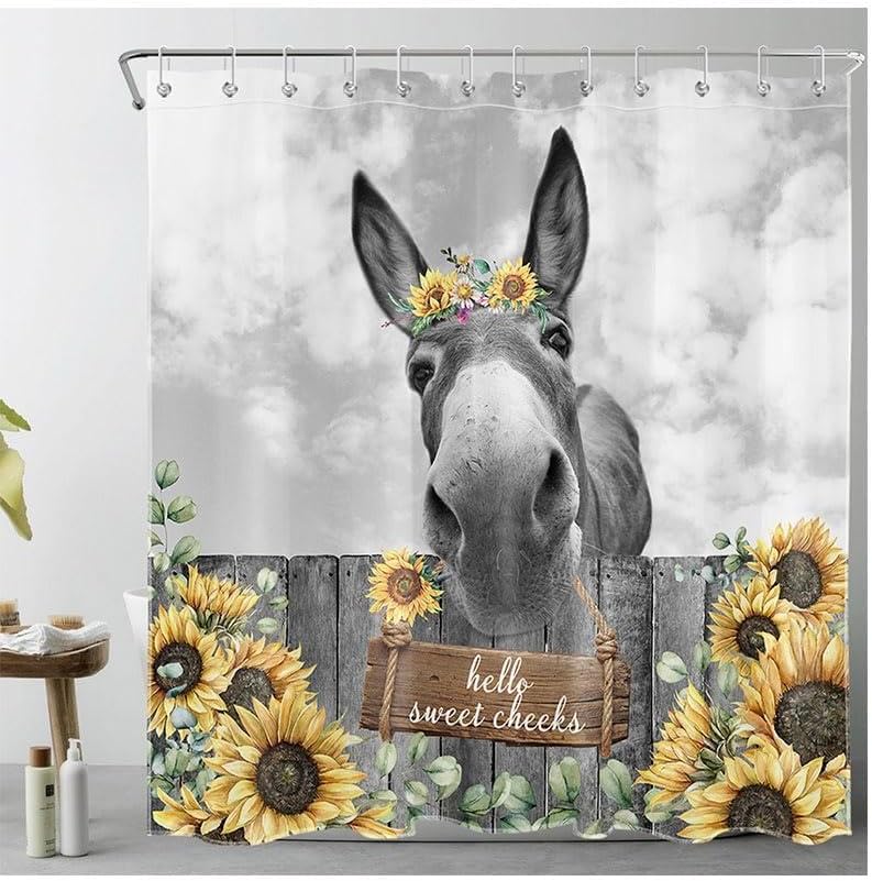HVEST Funny Farm Animal Donkey Yellow Floral Shower Curtain and Dish Mat Drying Kitchen Mat