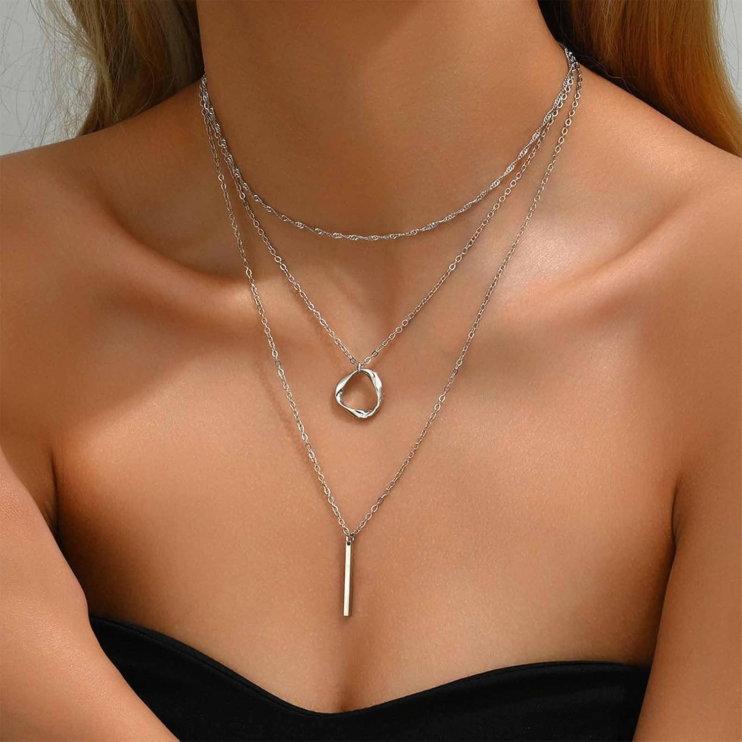 Vintage Layered Bar Circle Choker Necklace Gold Vertical Bar Pendant Necklace Hollow Circle Necklace Geometric Long Chain Necklace Jewelry for Women - Image 5