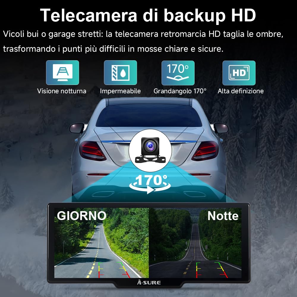 ACAVICA Schermo CarPlay Auto 9.26" Wireless CarPlay & Android Auto - Dashcam 4K, Retrocamera 1080P, TF 64GB, Bluetooth 5.0, WiFi 5GHz, Split Screen - Display multifunzione per auto 12-24V