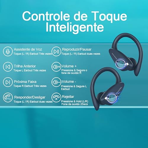 H'MASTON Fone de Ouvido Sem Fio Esportivo Fone BLuetooth 5.3 Tws Cancelamento de Ruído Com Microfon