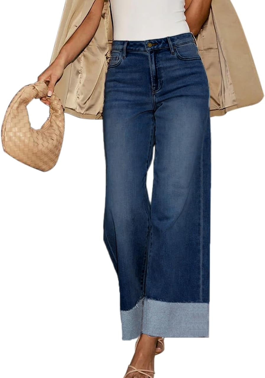 Women's High Waisted Wide Leg Jeans Stretch Frayed Raw Hem Straight Leg Boyfriend C...