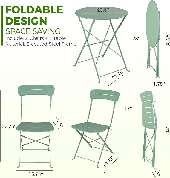 Grand patio Premium Frame Patio Bistro Set, Colorful Folding Outdoor Patio Furniture Sets, 3-Piece Patio Table and Chair Set, Sage Green