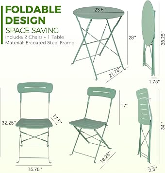 Grand patio Premium Frame Patio Bistro Set, Colorful Folding Outdoor Patio Furniture Sets, 3-Piece Patio Table and Chair Set, Sage Green