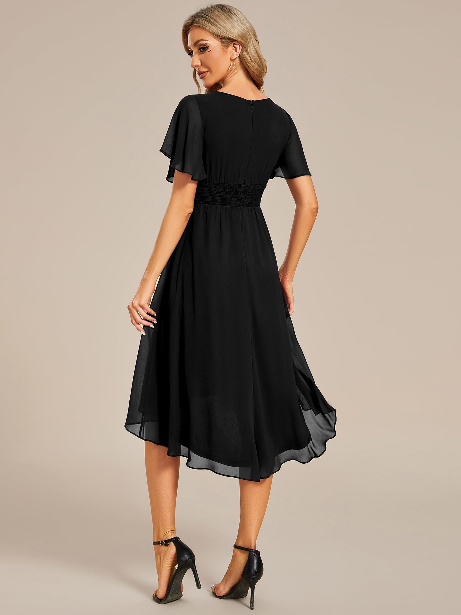 Ever-Pretty Vestido de gasa para mujer, cuello redondo, cintura plisada, manga corta, invitada de boda 02053