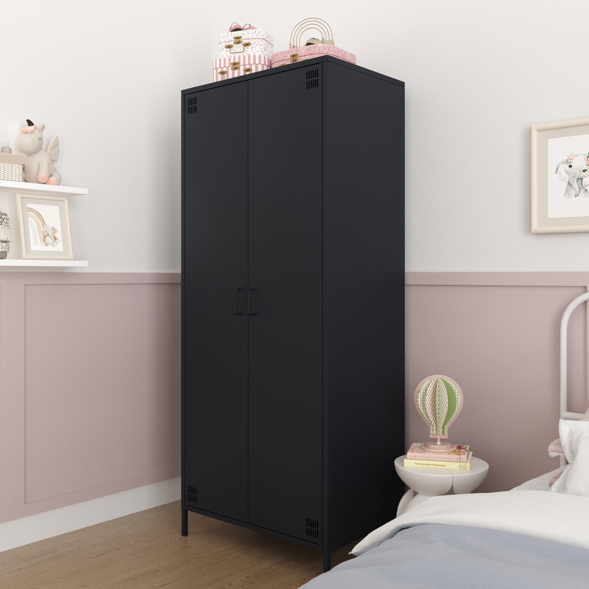 furni24 Metallschrank – Retro Garderobenschrank mit Kleiderstange – Robuste Aufbewahrungslösung mit verstellbaren Ablagen– Ideal für Schlafzimmer, Flur, Büro- Kleiderschrank mit 2 Türen, Anthrazit