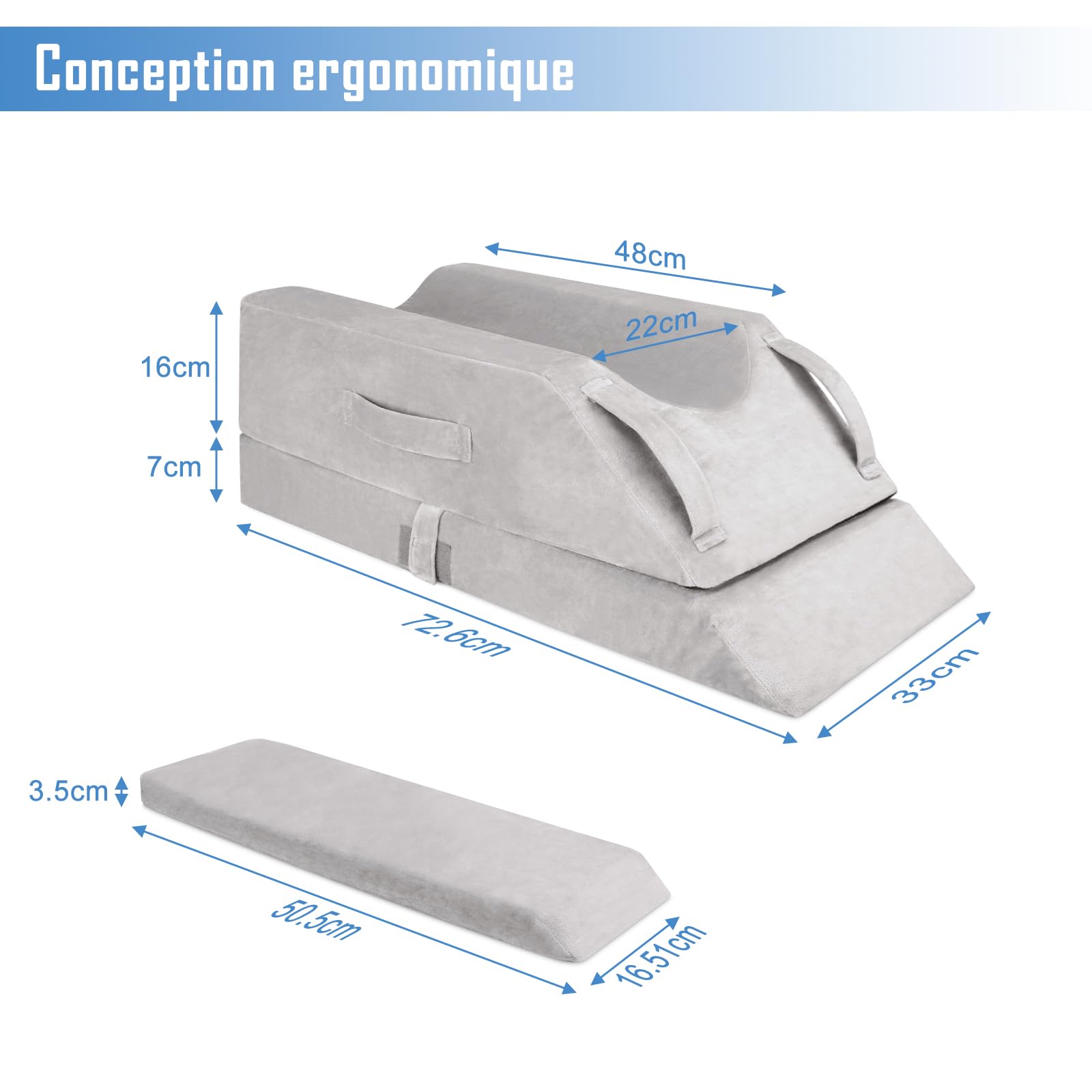 Coussins Relève-Jambes réglable en 4 hauteurs, Idéal après une Chirurgie, pour Blessures ou Détente, Mousse Mémoire Orthopédique, Doté de 3 Poignées et d'un Insert Amovible, Housse en Velours Lavable