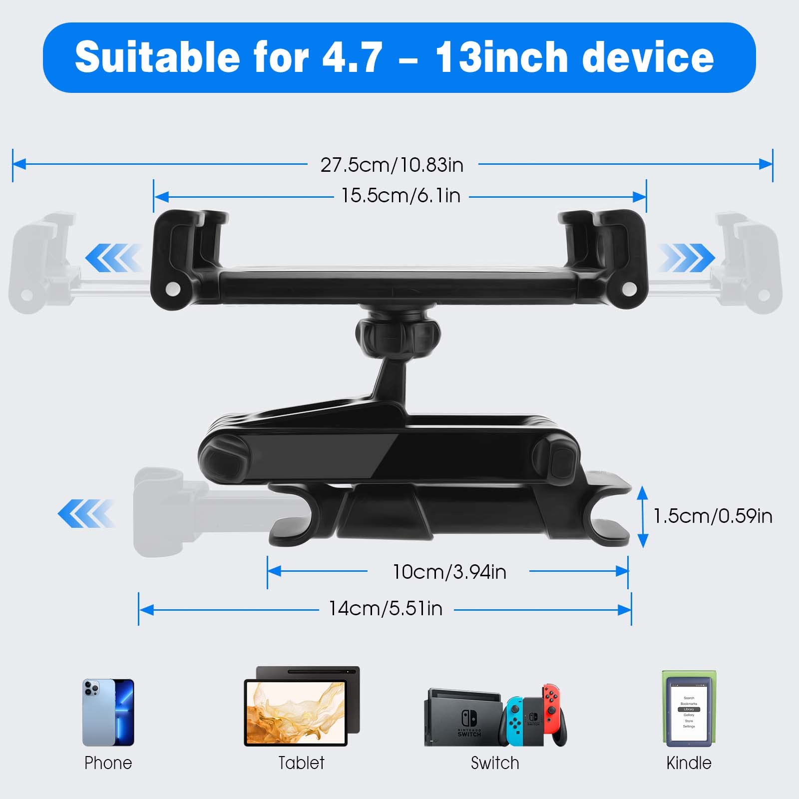 UMILKI Uchwyt na tablet samochodowy wysuwany zagłówek obrotowy 360° | Uchwyt na tablet samochodowy kompatybilny z telefonem, iPad, przełącznik, Kindle, regulowany do ekranów 4,7-13 cali