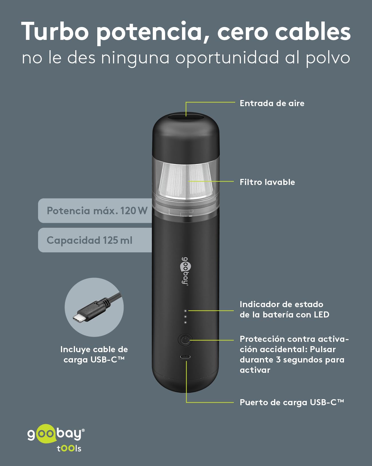 goobay Mini aspiradora inalámbrica con batería Recargable, 120 W, 3 Niveles de Potencia, 7 boquillas y 3 cepillos, función sopladora, Filtro Lavable, para Coche, Oficina y hogar, Negra, 77829