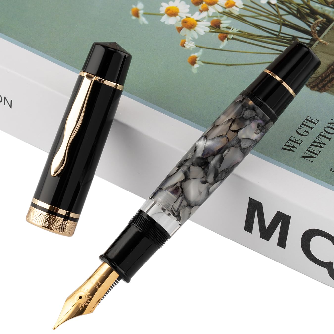 erofa Majohn P139 Piston No. 8 Fountain Pen Fine Nib with Box, Large Capacity Grey Marble Acrylic Writing Pen
