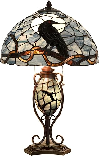 Bieye L10954 Raven sentado en rama de árbol desnudo en luna llena noche estilo Tiffany lámpara de mesa de vidrieras para decoración del hogar (azul