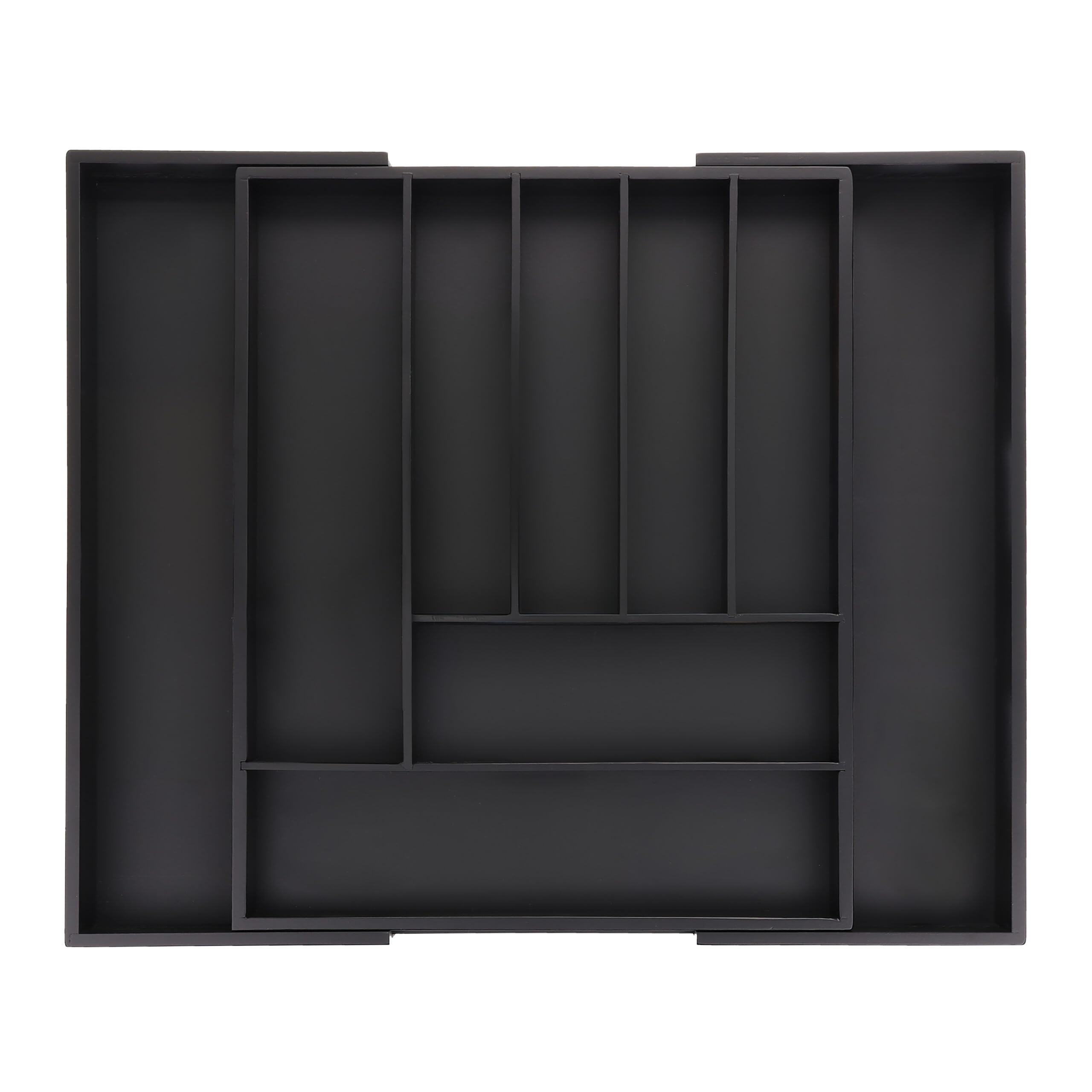 Relaxdays Pojemnik na sztućce wysuwany, bambus, wys. x gł.: 5 x 33,5-49,5 x 44,5 cm, 7-9 przegródek, wkład na sztućce szuflada, czarny