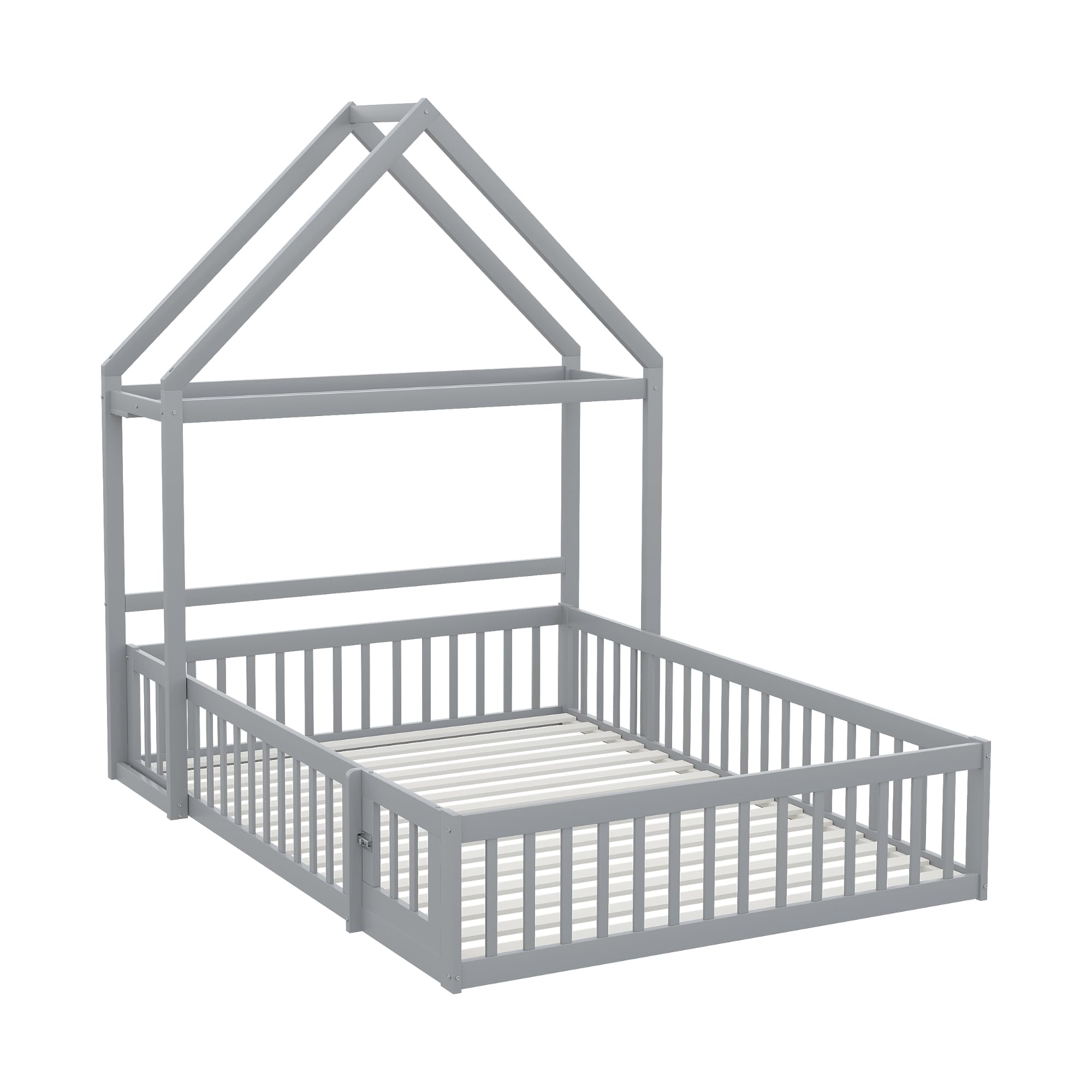 Merax Lit Enfant 140x200 cm Cabane au Sol avec Protection Antichute Sommier à Lattes Gris