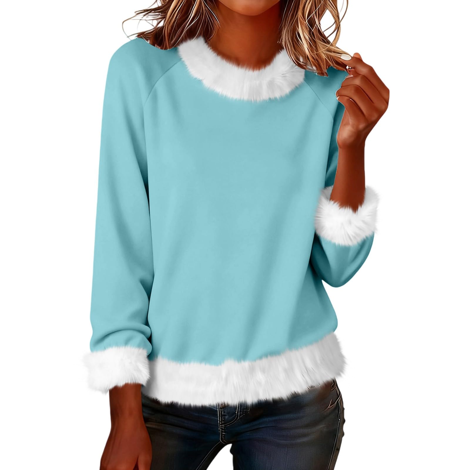 Christmas Sweater for Women Xmas Long Sleeve Fuzzy Faux Fur Trim Fancy Casual Holiday Top 2025 Aesthetic Clothes