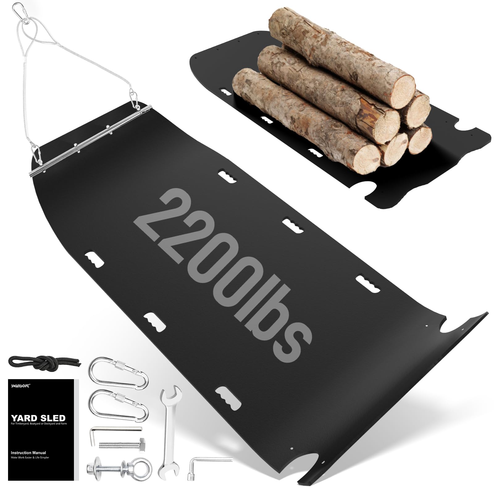 SWANSOFT50'' x 114'' Extra-Large Yard Drag Sled with Pull Cables, Heavy Duty Yard Sled 1/8 HDPE Thickened Drag Mat for Debris, Leaves, Construction Materials, Logs