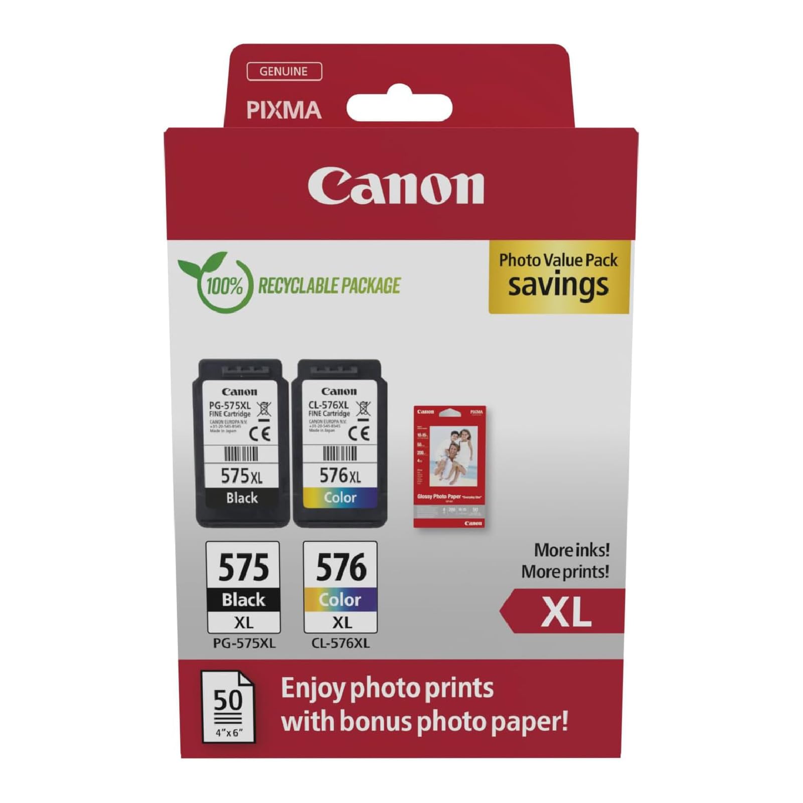Canon Tintenpatronen & Papier-Multipack - PG-575XL/CL-576XL Original Druckerpatronen 2er Pack (1 x Schwarz, 1 x Farbe) & 4x6 Fotopapier (50 Blatt)