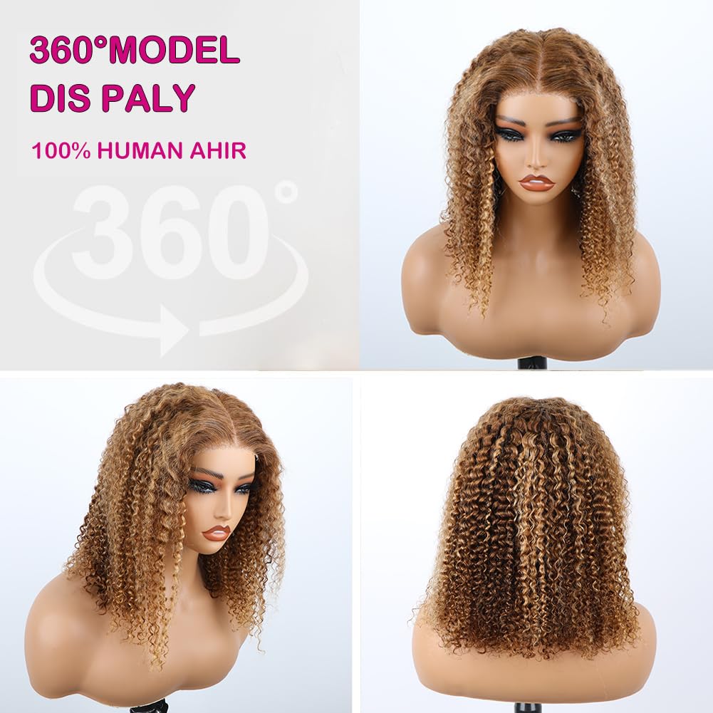 14 inch Kinkycurly Wear and Go Glueless Wig Ombre Highlight 4/27 Wigs Pre Cut Transparent Lace Wig human hair Pre Plucked,Natural Hairline for Women 200% Density