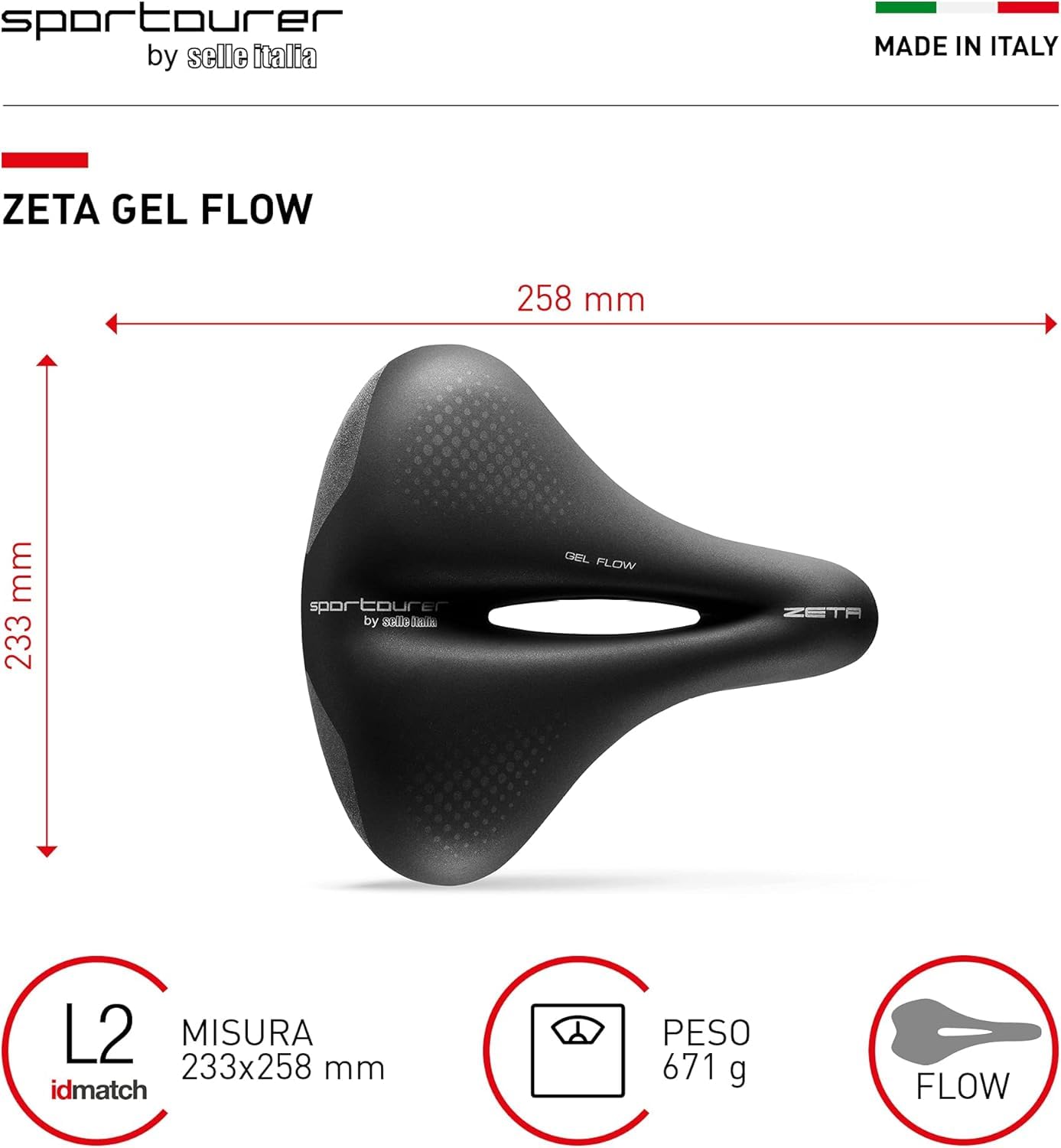 Sportourer by Selle Italia - Zeta Comfort Gel SuperFlow, Sella per Bicicletta da Città, Morbida in Gel, Con Tecnologia Riflettente per Scarsa Visibilità, Resistente all'Acqua - Nera
