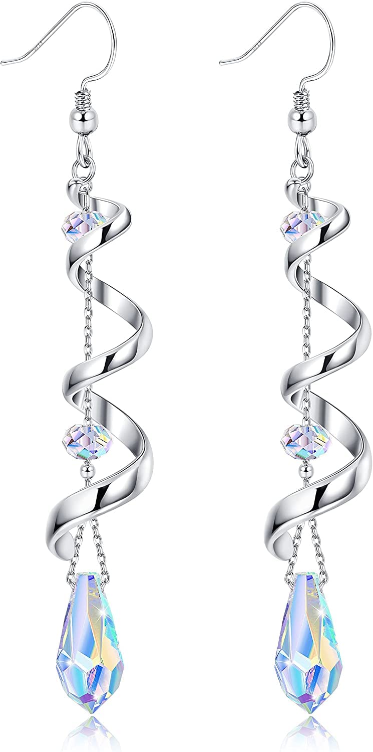 MILACOLATOPendientes Colgantes Largos De Cristal Para Mujer, Pendientes De Anzuelo De Plata 925, Cinta En Espiral Lágrima Múltiple Pendientes Aros Colgantes De Gota De Cristal Brillante Joyas Regalos