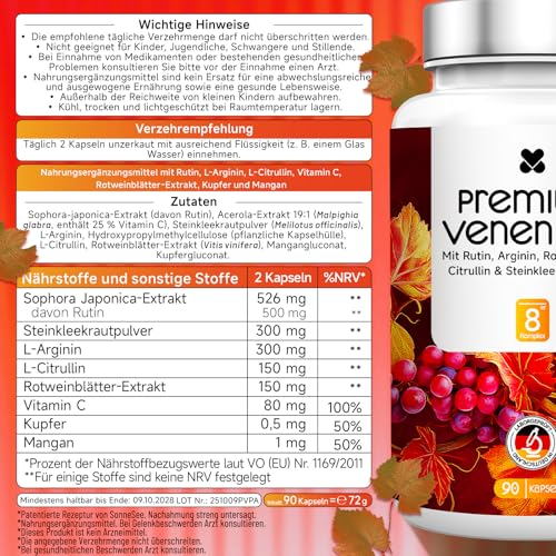 Premium Venen Komplex – 90 Vegane Kapseln – Hochdosiert: Rutin + L-Arginin + Rotweinblätter – Ideal bei langem Stehen & Sitzen – Mit Vitamin C & Kupfer – Laborgeprüft