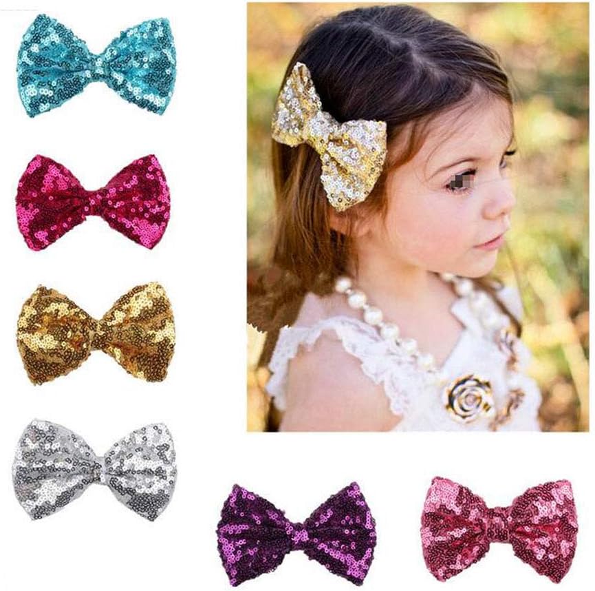 6pcs Party Sequin Hair Bow Clips Sparkle Glitter Sequins Bows Clips 4 Hair Bows Alligator Clip Hair Pins Hair Accessory for Baby Girls Kids Toddlers Children (Mix Color)