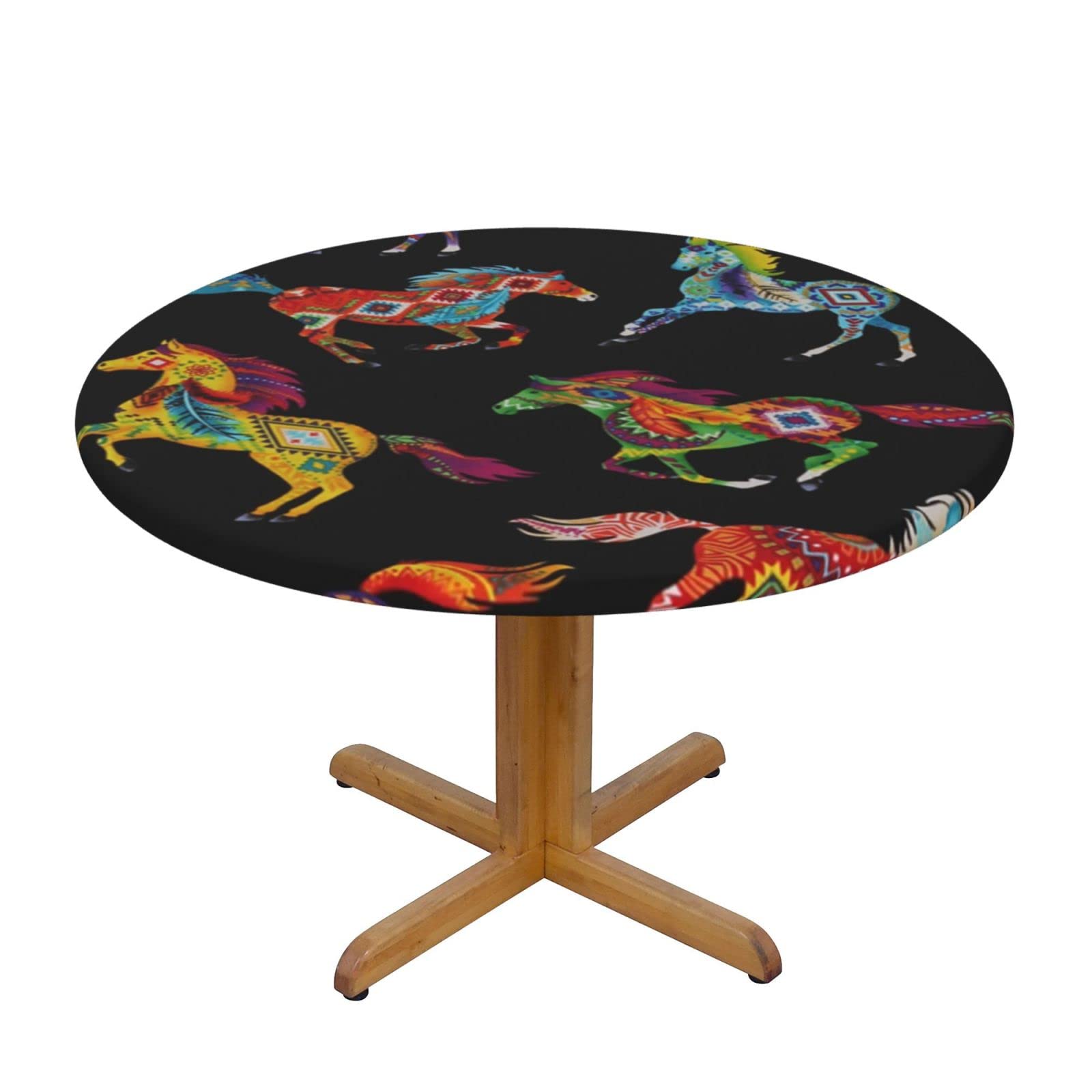 Lsjuee Round Fitted Tablecloth 45-50in Elastic Edged Table Cloth for Kitchen Dining Party Home Decor - Southwestern Horses Tribal Pattern