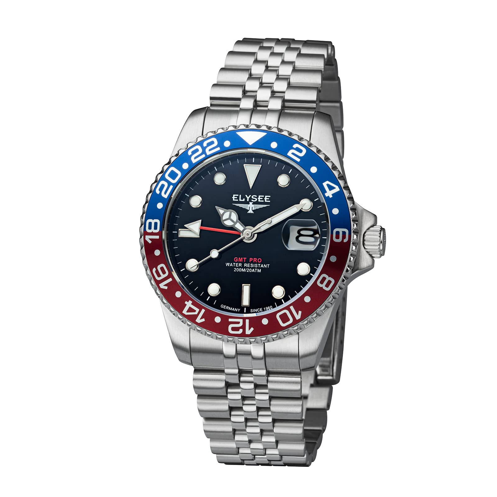 Elysee Herrenuhr GMT PRO. 40 mm 20 ATM Herren zweite Zeitzone, Verschraubte Krone, Leuchtzeiger, Datumsanzeige 80590, 80591, 80592, 80593, 80594, 80598, 80599, 80600, 80615