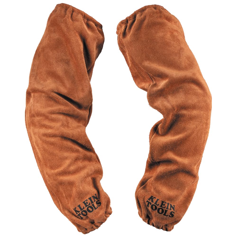 Klein Tools 60834 FR Leather Welding Sleeves, 21-Inch, Elastic Cuff, Brown, 1-Pair