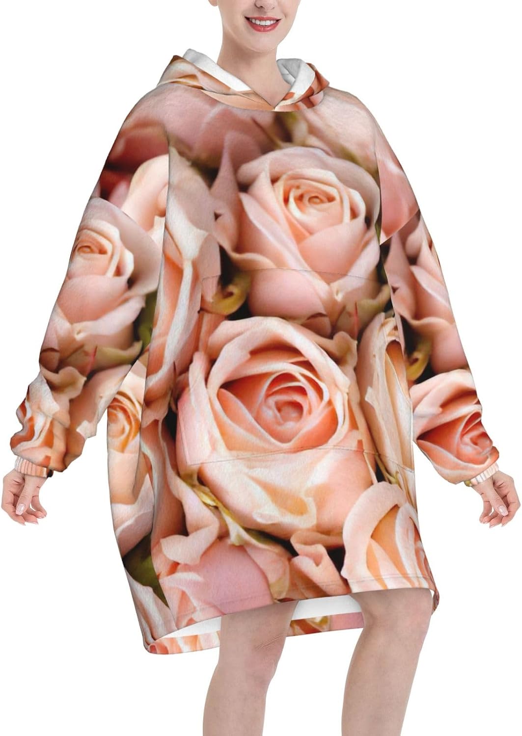 Pink Rosesprint Oversized Hoodie Blanket, Super Soft Warm Comfortable Hoodie, Wearable Blanket Adult