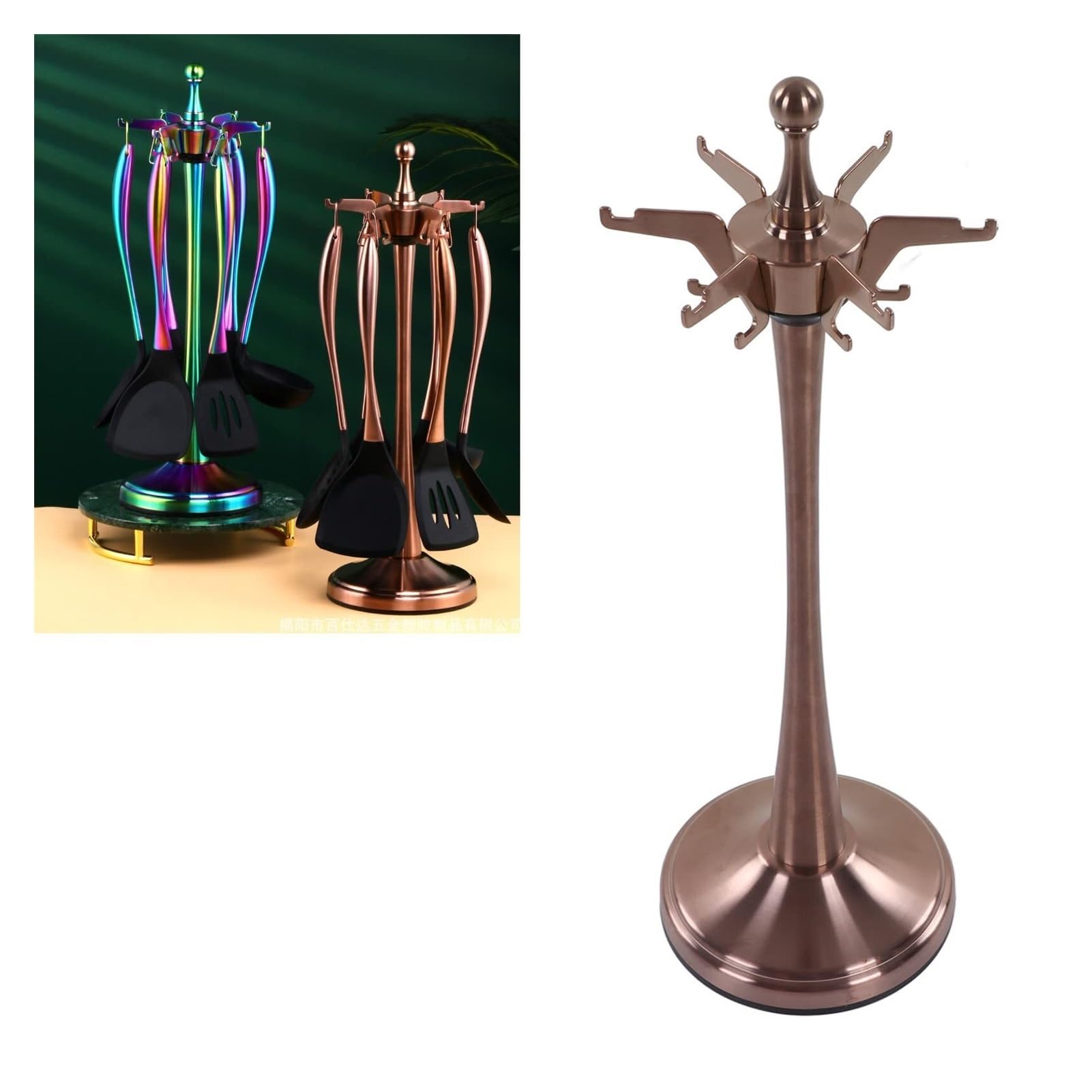 Drehbarer Küchenutensilienhalter Aus Rostfreiem 304 Edelstahl, Platzsparendes Aufbewahrungsregal Mit Schwerem Boden, Stabiler Kochutensilienständer Für Löffel, Schaufeln Und Kni(Rose Gold)