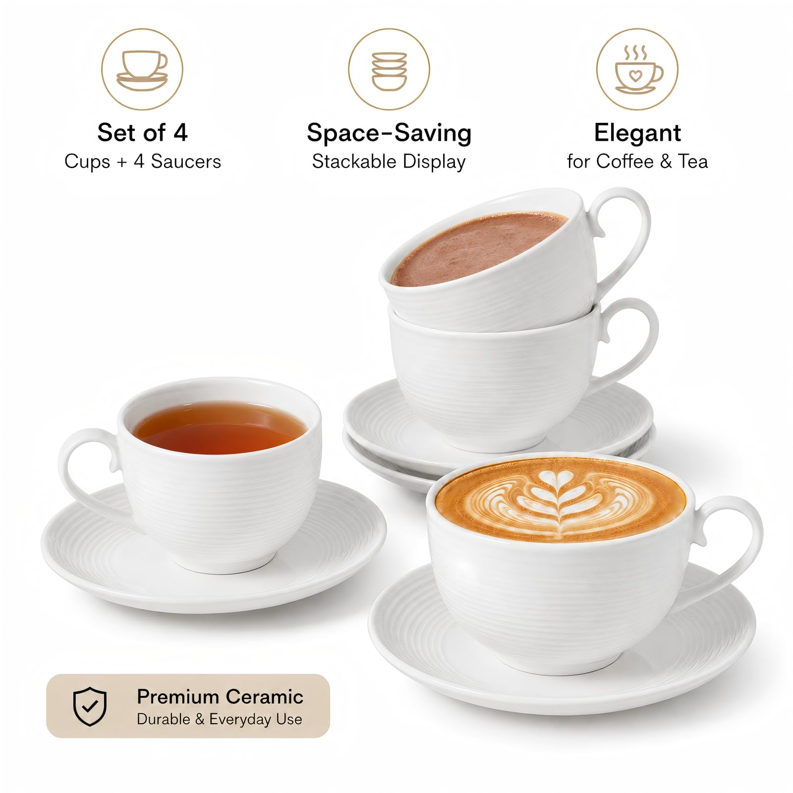 Juego de 4 tazas de café con platillos, tazas de capuchino (12 onzas), tazas de té blanco de cerámica con platillos, aptas para microondas y lavavajillas, para el hogar, cafetería