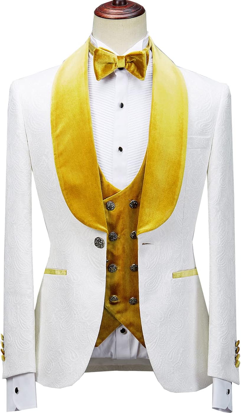 Men Suit 3 Pieces Jacquard Floral Shawl Collar Paisley Tuxedo Solid Mens Wedding Prom Suit