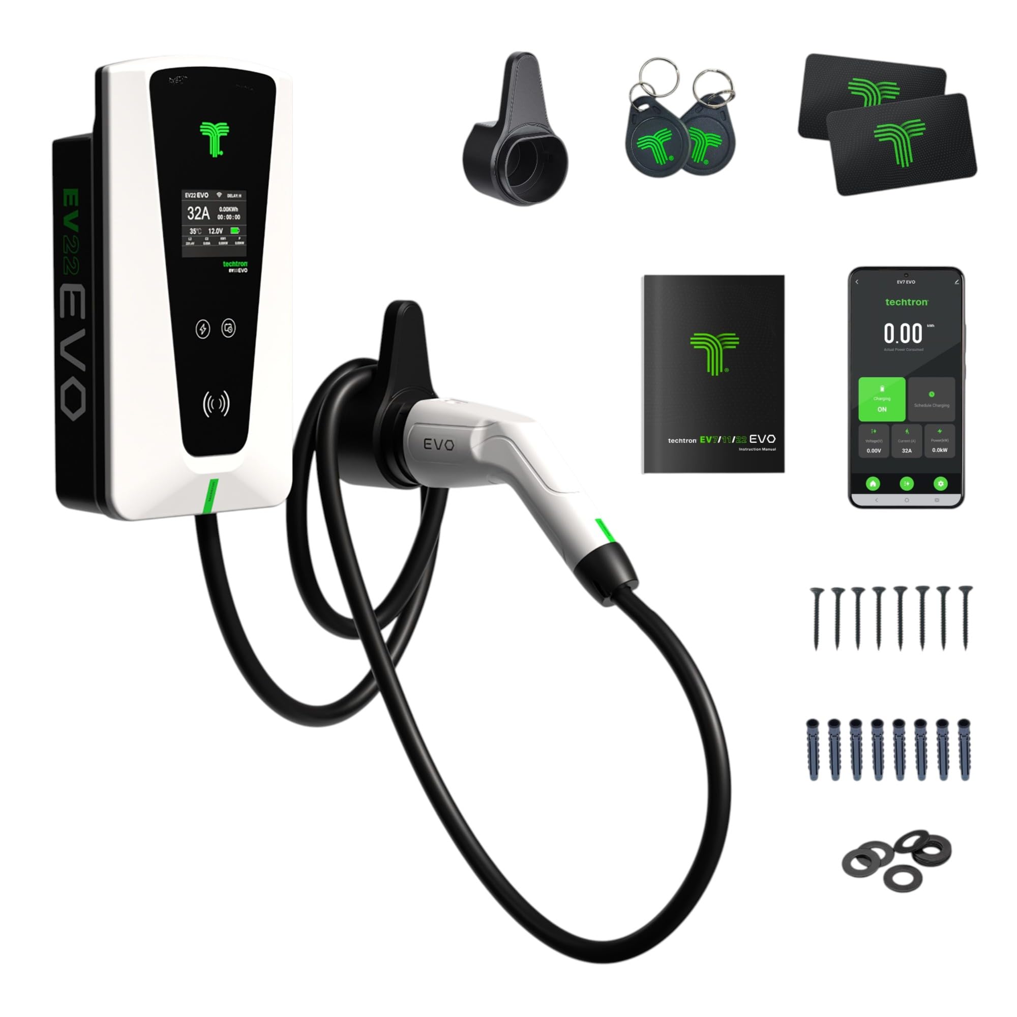 techtron EV22 EVO Wallbox - Caricatore EV a 3 fasi da 22 kW, tipo 2, 32 A, con cavo di ricarica da 5 m, app, Wi-Fi, Bluetooth 5.3, RFID, display LCD, IP65, CE/RoHS, per casa, garage, vialetto e