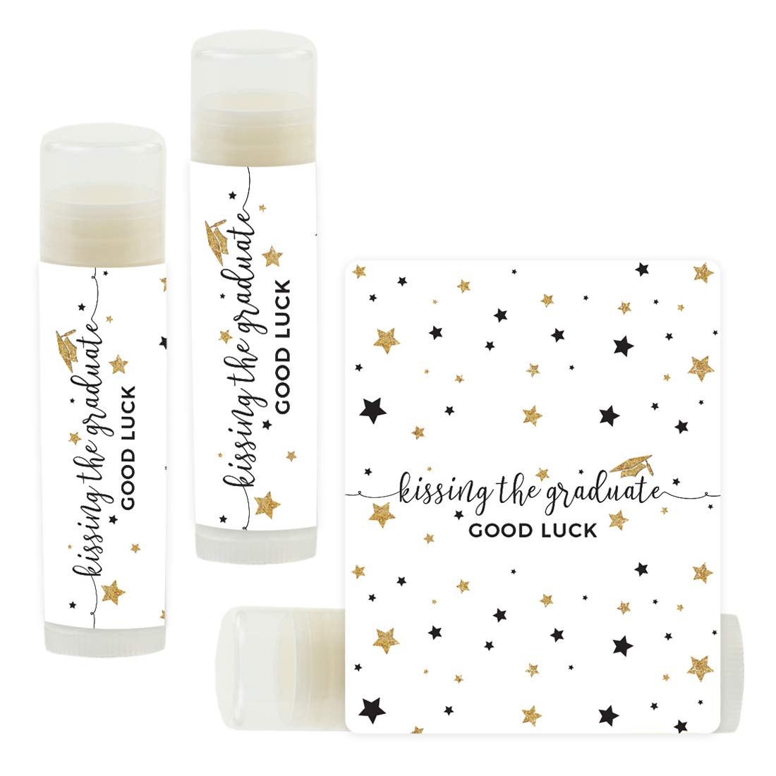 Andaz Press White and Gold Glittering Graduation Party Collection, Lip Balm Favors Kissing the Graduate Good Luck!, 12-Pack