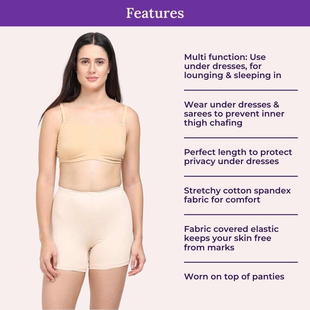 ADIRA | Inner Shorts for Women Dresses | Women Tights Shorts | Soft & Comfy, Knitted Stretchy Fabric | Prevents Inner Thigh Chafing | Perfect Length to Wear Under Dress | Pack of 1 | Skin | M 2