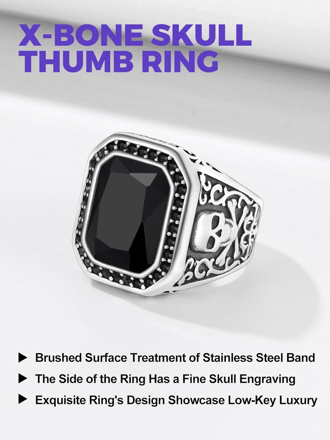 Richsteel Skull Black Onyx Ring for Men Retro X Bone Thumb Band Ring Punk Jewelry Custom Gift for him (Personalized Red/Blue/Green Stone) - Image 4