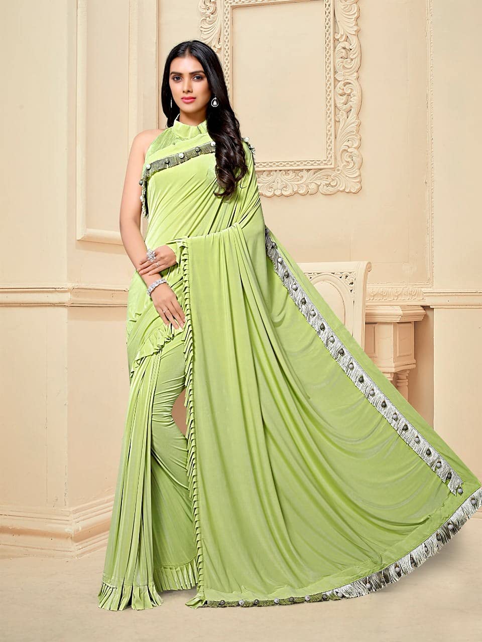 Frill & Frędzle Designerska indyjska lycra impreza sari bluzka damska festiwal dziewczęcy koktajl Sari 6820, ZIELONY,