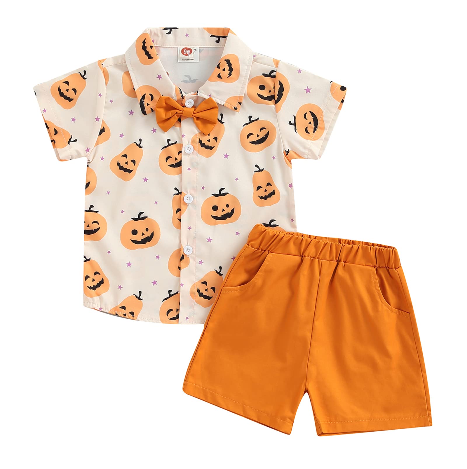 Toddler Baby Boy Short Sleeve Sunflower Button Down Shirt & Shorts with Pockets Hawaiian Summer 2Pcs Outfits Clothes (Halloween-Orange Pumpkin, 1-2 Years)