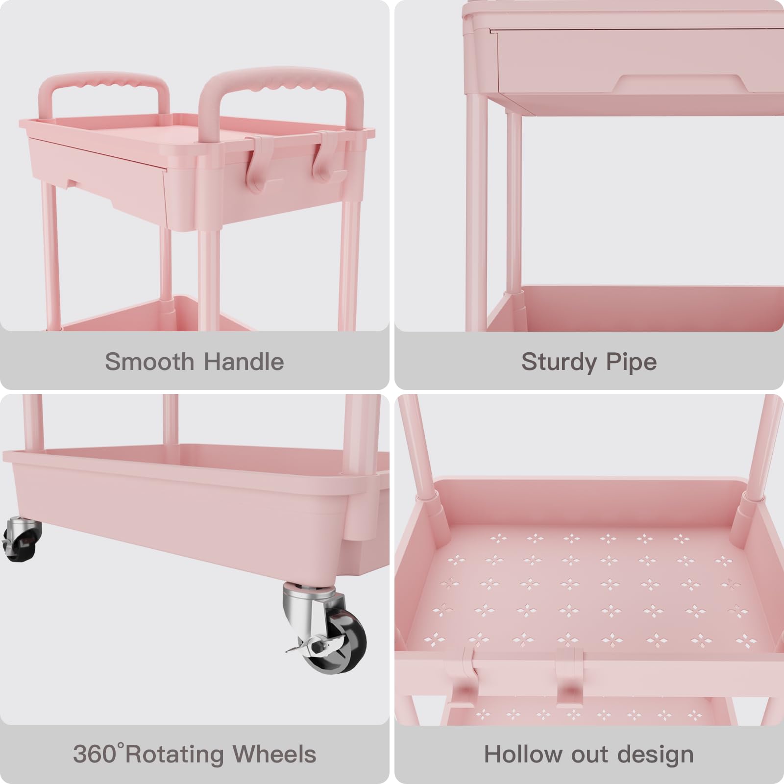 REBECAT Carrito utilitario rodante de 3 niveles con cajón, carrito de almacenamiento, carrito rodante para cocina, baño, sala de estar, organizador de almacenamiento con ruedas de hierro (rosa,