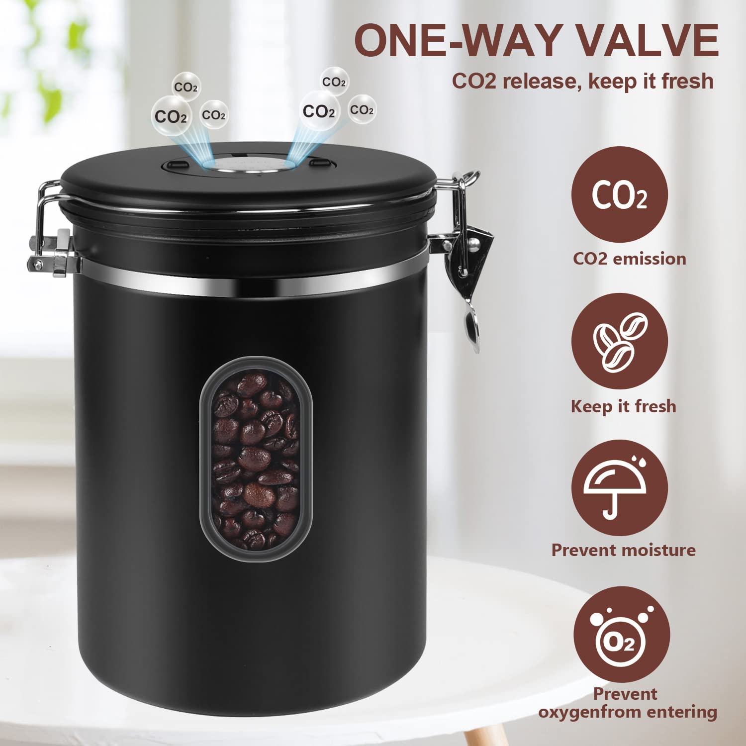 Barattolo Caffè Ermetico Acciaio Inox - 2.8L, Con Valvola CO2 E Cucchiaio, Bianco - Foto 10