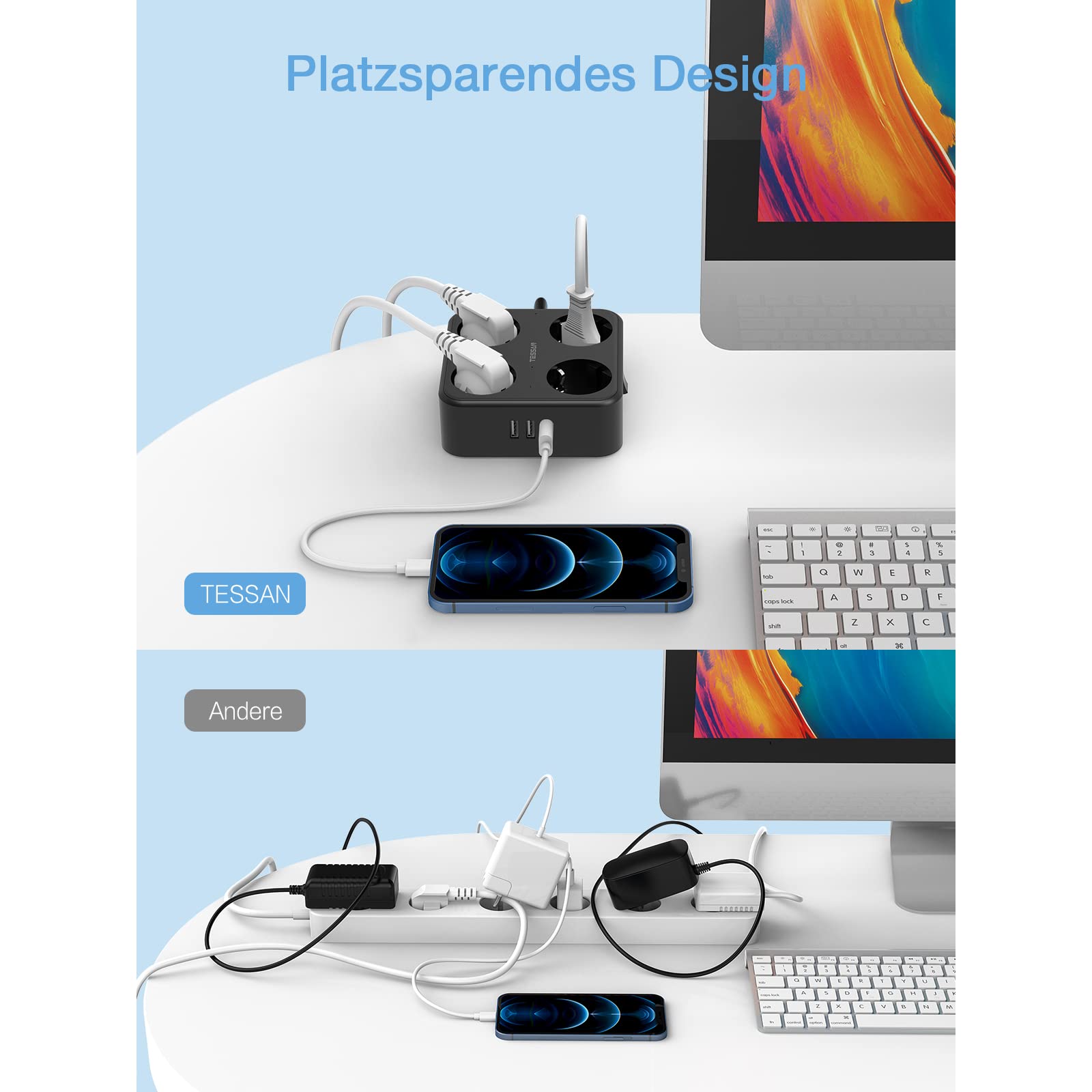 TESSAN USB-stekkerdoos, stekkerdoos met 4 stopcontacten en 3 USB-poorten, 7 -in-1 stekkerdoos met schakelaar, meervoudige USB-aansluiting, geschikt voor thuis, kantoor, reizen, 2 m, zwart
