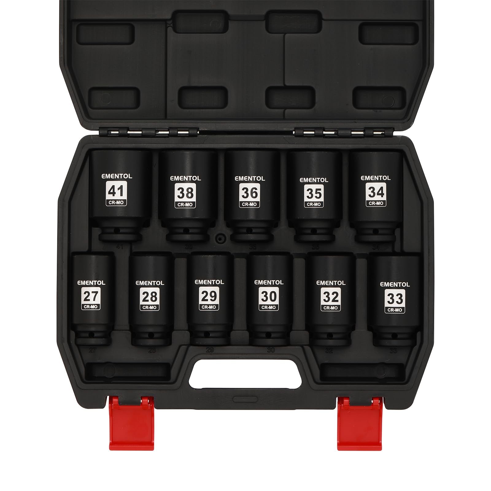 EMENTOL 11PCS 1/2-Inch Drive Spindle Axle Nut Impact Socket Set, CR-MO, 6 Point, Metric, 1/2" Dr. Deep Impact Socket Set, 27mm - 41mm