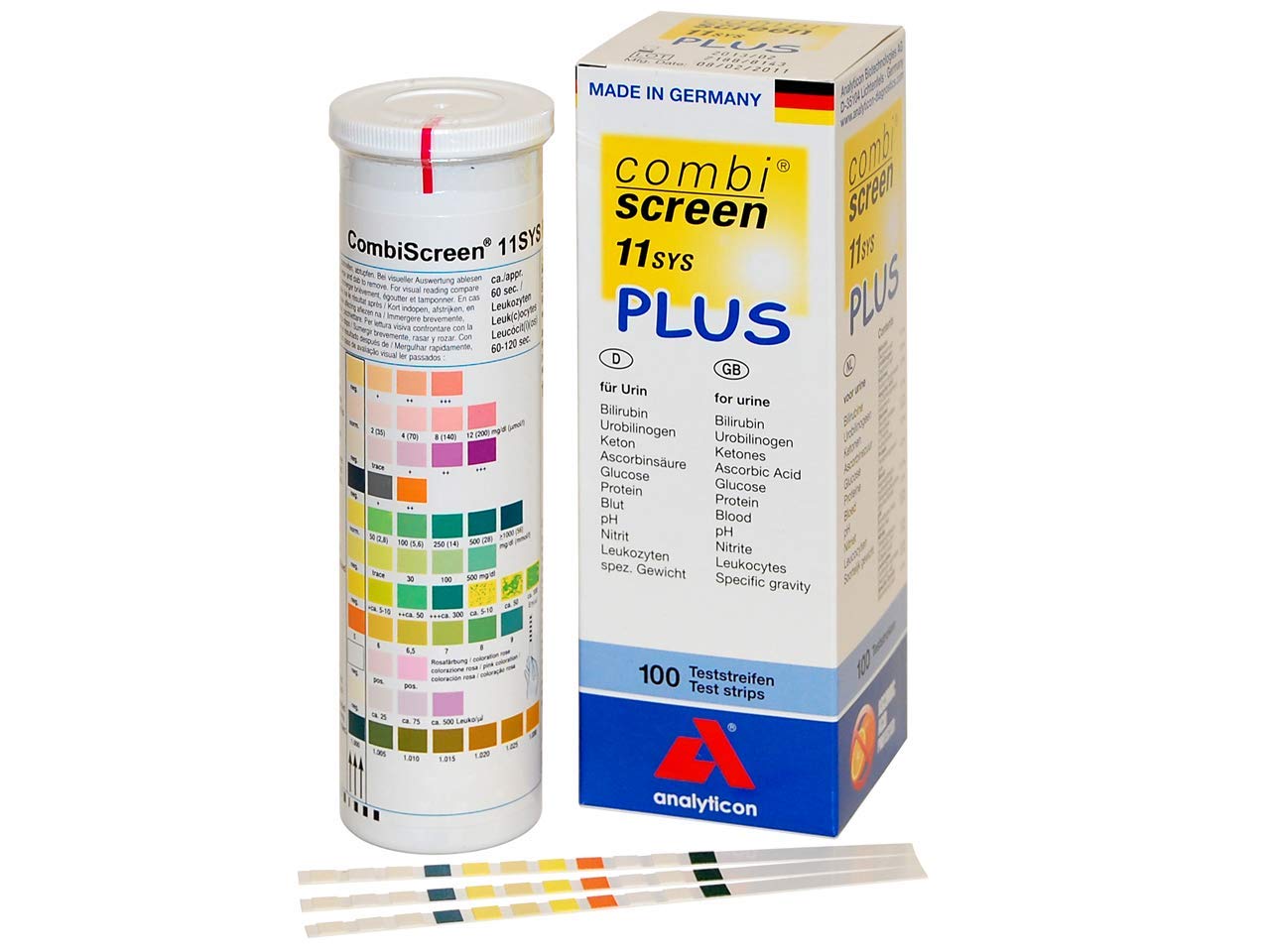 Analyticon - Combi Screen 11SYS, Plus, Urinstreifentest, zur visuellen Untersuchung oder zur Benutzung mit Urilyzer 100, 100 Pro, 500 Pro und Combiscan 100, 11 Parameter, Packung von 100 Streifen.