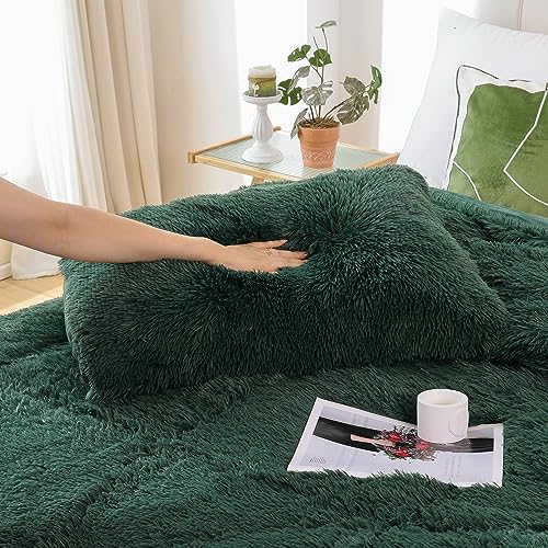 Smoofy Fluffy Queen Comforter Set, Faux Fur Comforter Set Queen Size, Luxury Fuzzy Bedding Set, Soft Shaggy Bed Set for All Season, 3 Pieces - 1 Comforter & 2 Pillowcases, Dark Green
