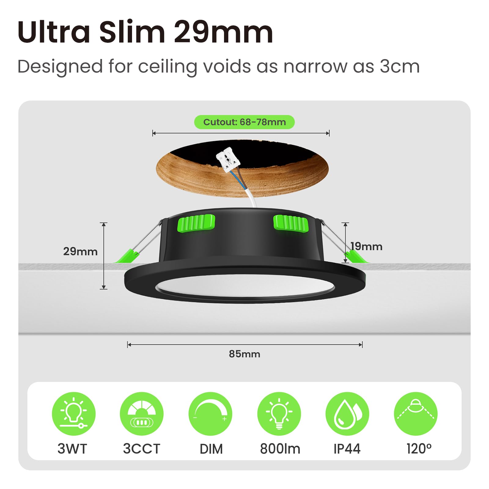 ALUSSO LED Einbaustrahler 230V Schwarz Dimmbar, 4W/6W/8W Verstellbar LED Spots, 3CCT 3000K/ 4000K/6500K Deckenspots, Ultra Flach 68mm Deckenleuchte, IP44 für Badezimmer Küche, 10er Set