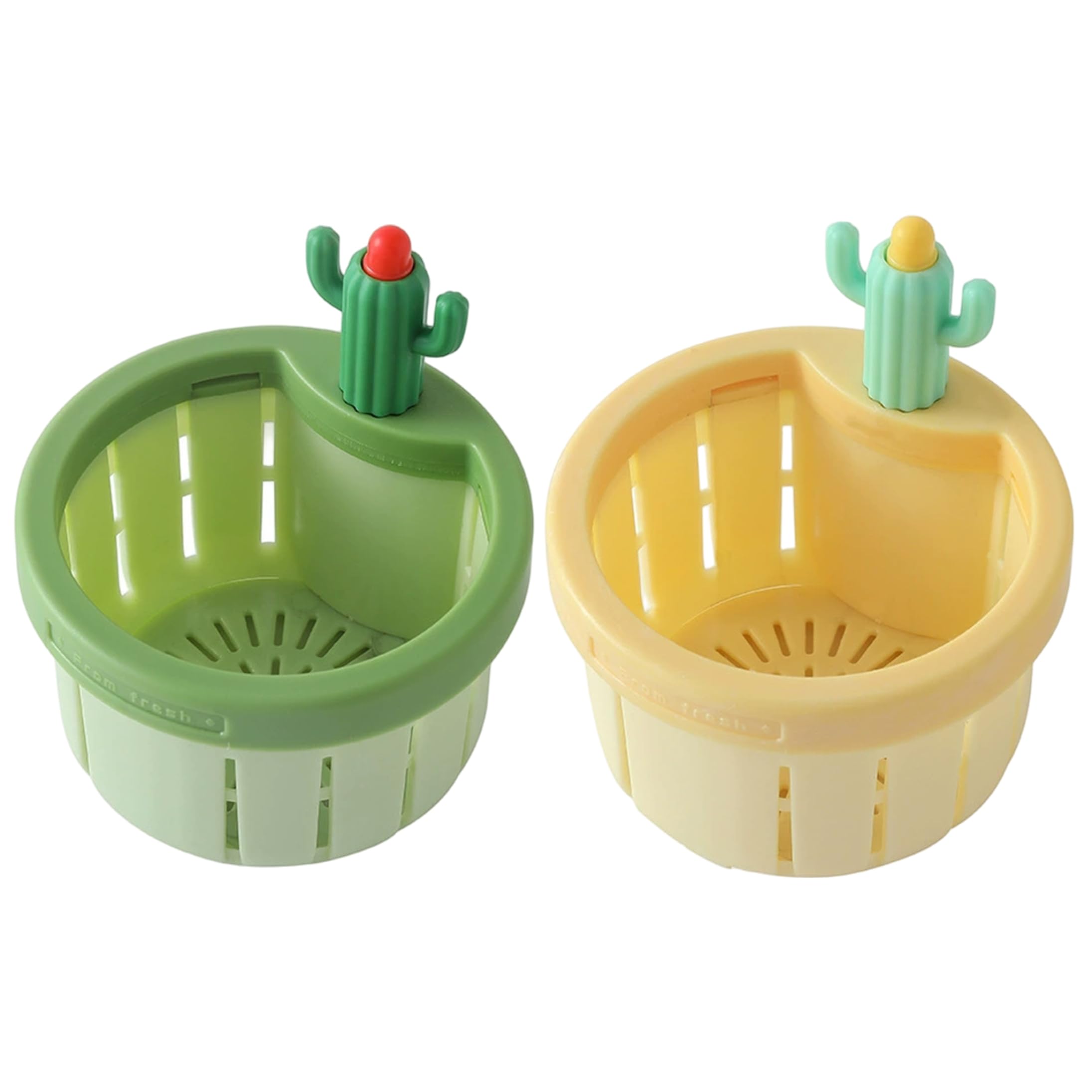 Tsawntd Cactus Sink Strainer, 2Pcs Cactus Kitchen Sink Drain Strainer Basket with Press-to-Open Bottom and Fine Mesh Filter, Green and Yellow Kitchen Drain Basket