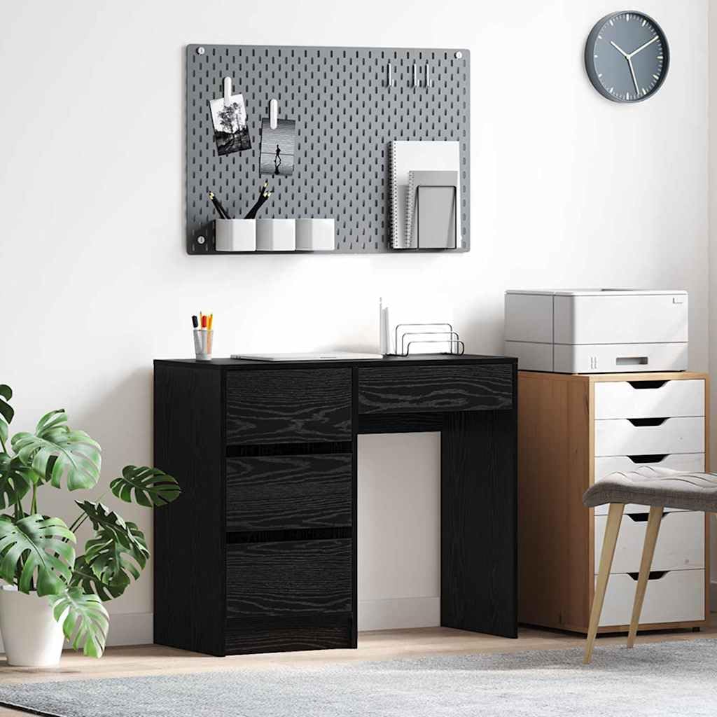Scrivania con scaffale, colore nero, effetto rovere, 90 x 37,5 x 75 cm, moderna scrivania per computer per ufficio, robusto materiale in legno con spazio di archiviazione