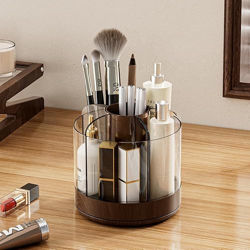 Soporte para brochas de maquillaje giratorio de 360° con 6 ranuras de almacenamiento de múltiples compartimentos, organizador giratorio acrílico